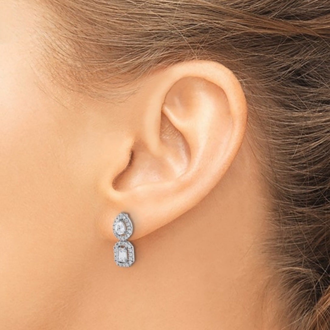 14K WHITE GOLD - LAB DIAMOND 2 STONE DANGGLE HALO POST EARRINGS
