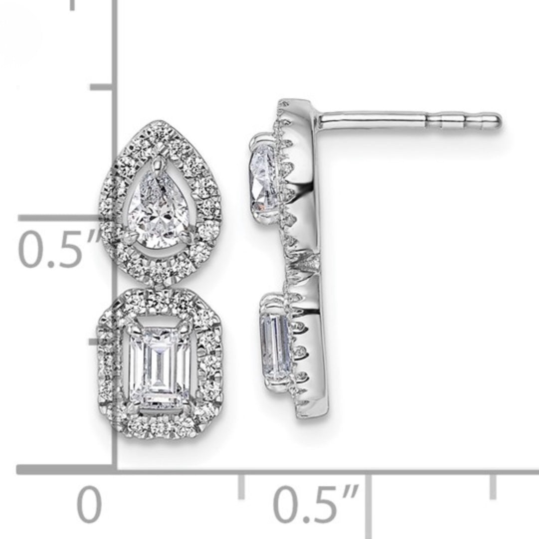 14K WHITE GOLD - LAB DIAMOND 2 STONE DANGGLE HALO POST EARRINGS