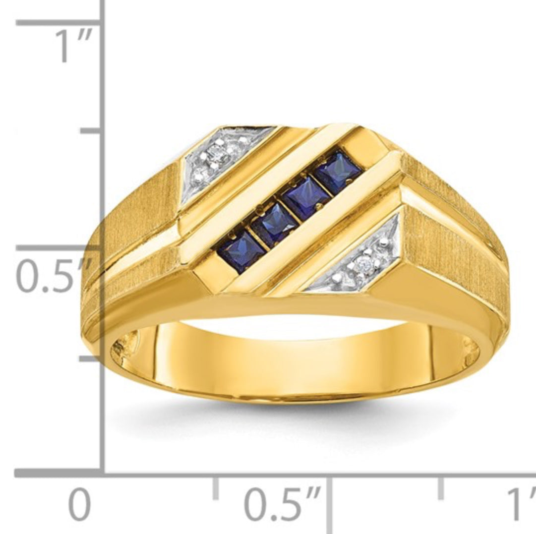 14K GOLD - MENS CREATED SAPPHIRE & DIAMOND RING
