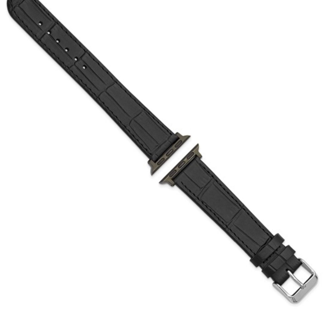 BLACK LEATHER - GILDEN APPLE SMART WATCH GATOR GRAIN CALFSKIN BAND 8.25”