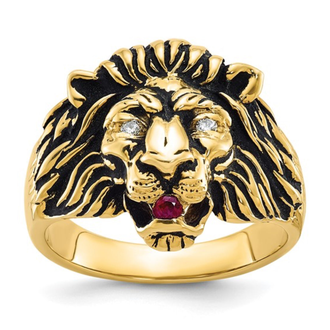 14K GOLD - MENS 1/20CT DIAMOND & RUBY ANTIQUED LION RING