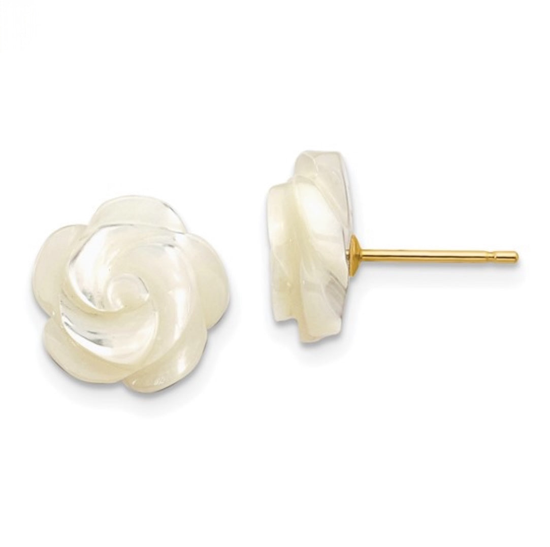 14K GOLD - MOTHER OF PEAR FLOWER STUD EARRINGS.