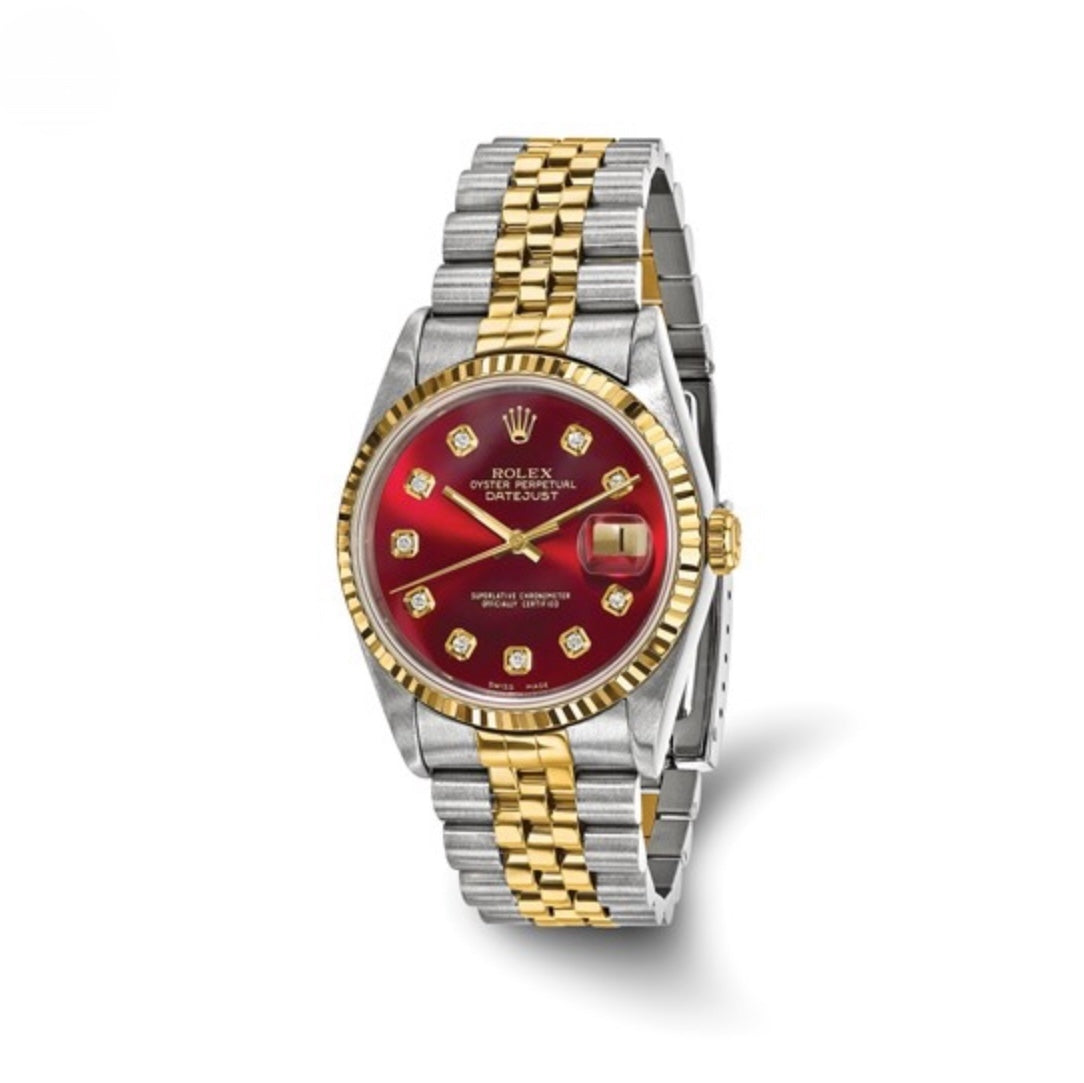 CERTIFIED PRE-OWNED ROLEX - JUBILEE DATEJUST RED DIAMOND DIAL & FLUTED BEZEL WATCH