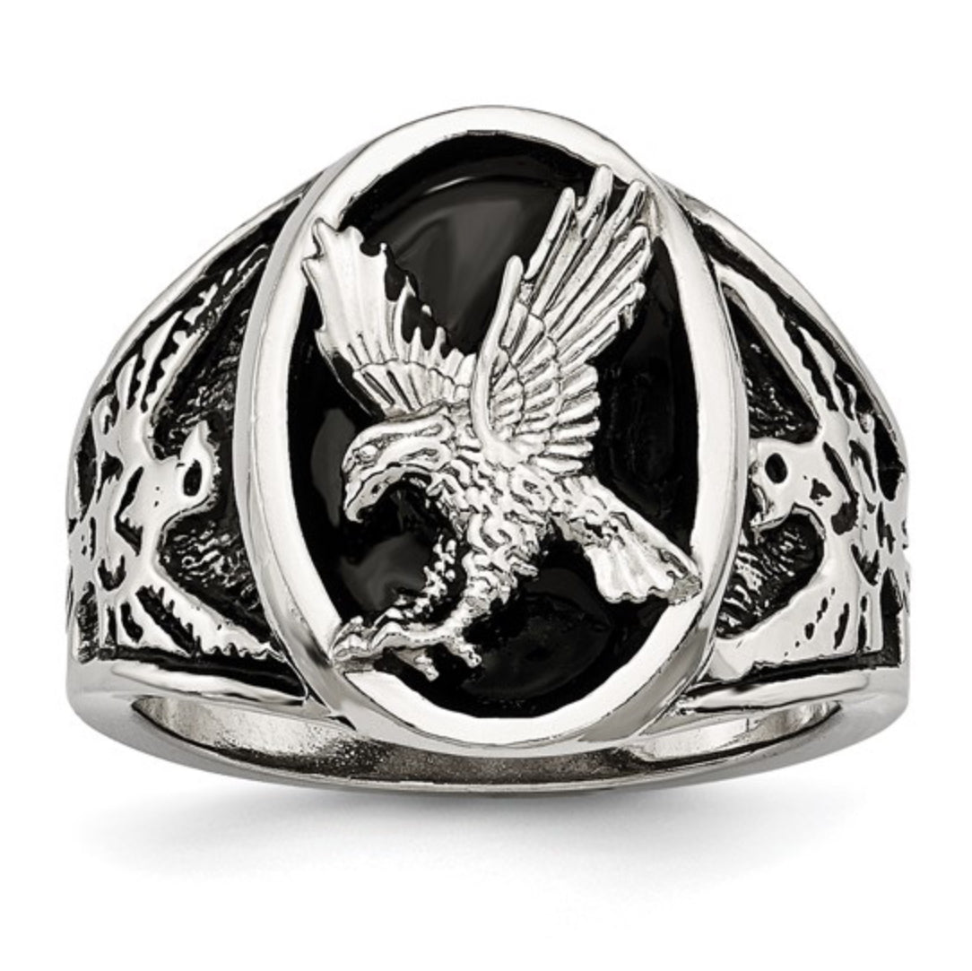 STAINLESS STEEL  - TEXTURE & POLISHED ENAMELED EAGLE RING