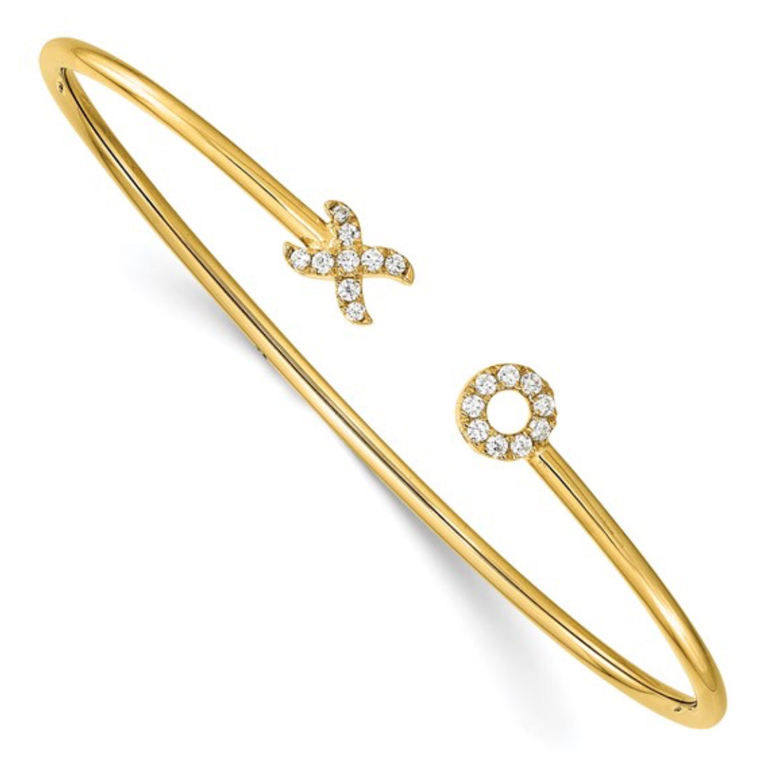 14K GOLD - LAB DIAMOND X & O CUFF FLEXIBLE BANGLE BRACELET