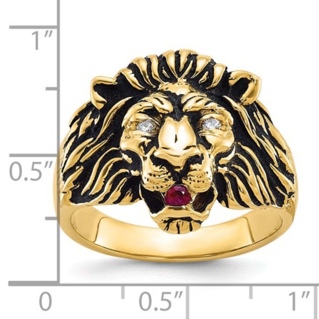 14K GOLD - MENS 1/20CT DIAMOND & RUBY ANTIQUED LION RING
