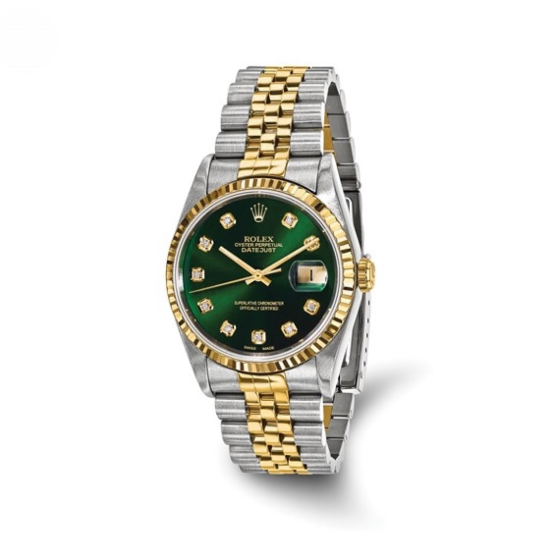CERTIFIED PRE-OWNED ROLEX - JUBILEE DATEJUST GREEN DIAMOND DIAL & FLUTED BEZEL WATCH