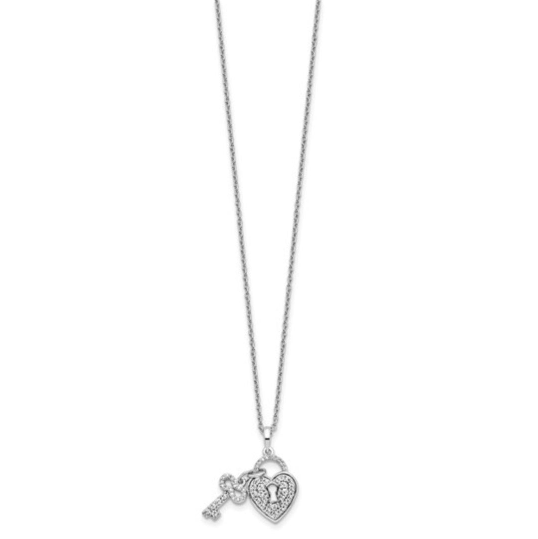 14K WHITE GOLD - LAB DIAMOND HEART LOCK & KEY NECKLACE