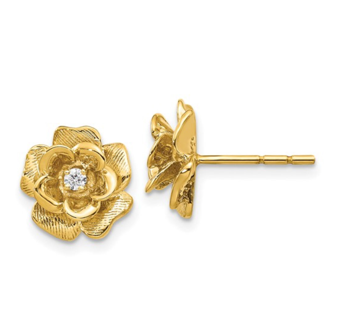 14K GOLD - LAB DIAMOND FLOWER POST EARRINGS