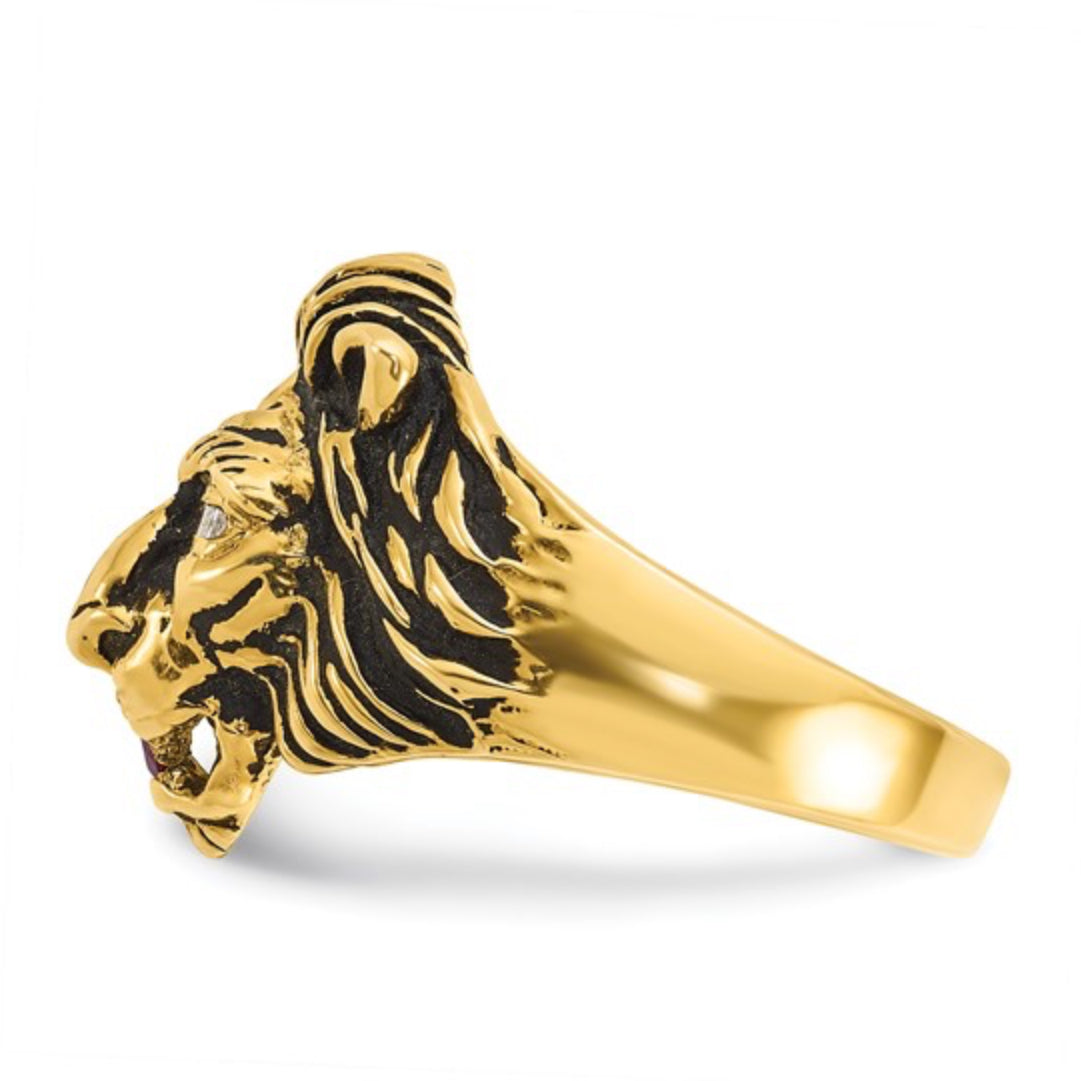 14K GOLD - MENS 1/20CT DIAMOND & RUBY ANTIQUED LION RING