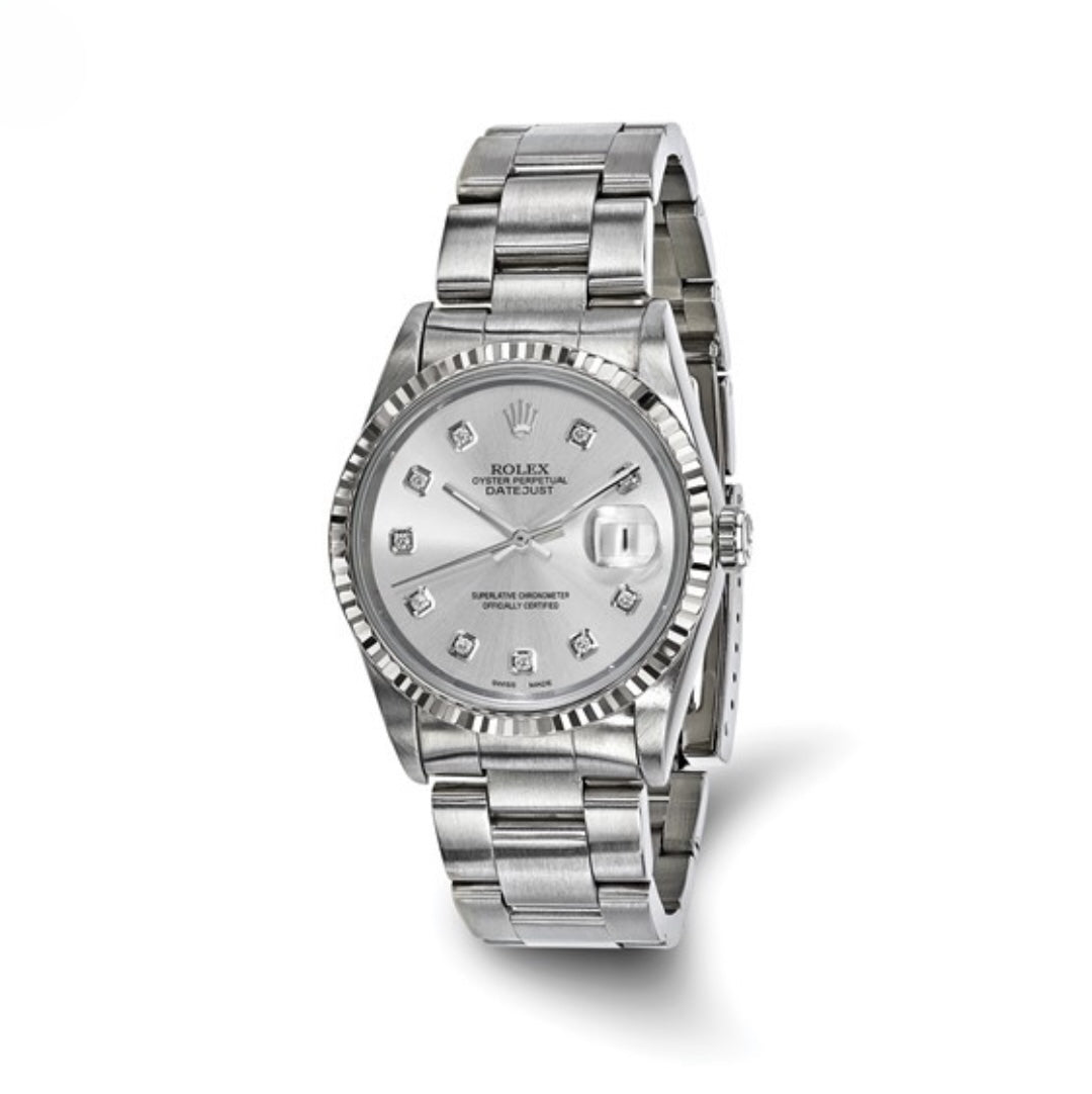 CERTIFIED PRE-OWNED ROLEX - SILVER DIAMOND DIAL & 18K FLUTED BEZEL WATCH