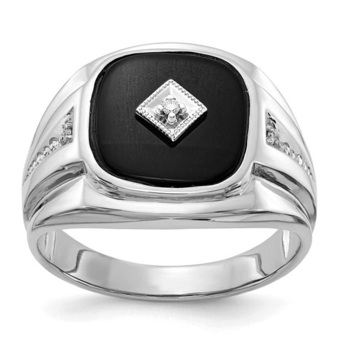 14K WHITE GOLD  - MEN’S ONYX & DIAMOND RING