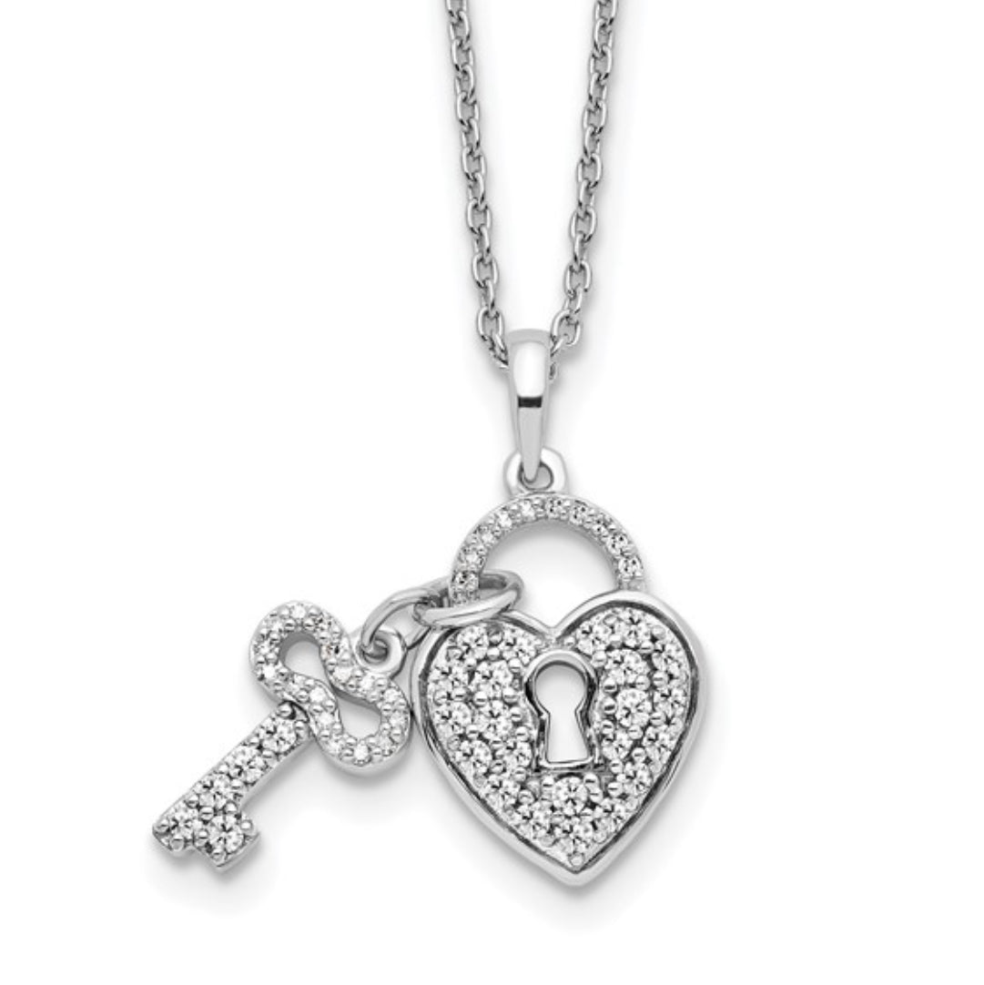 14K WHITE GOLD - LAB DIAMOND HEART LOCK & KEY NECKLACE