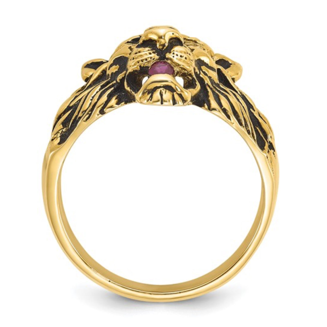 14K GOLD - MENS 1/20CT DIAMOND & RUBY ANTIQUED LION RING