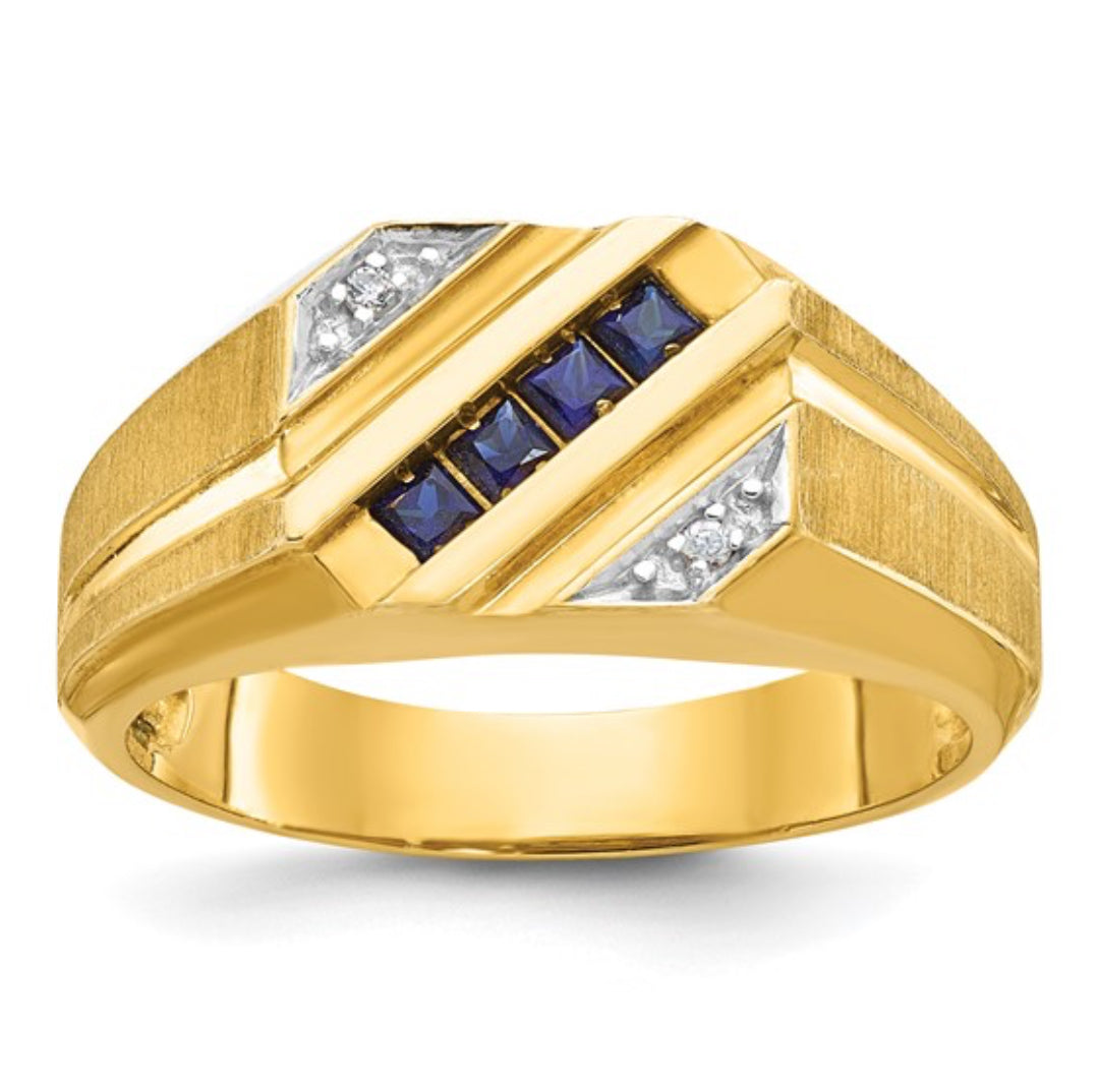 14K GOLD - MENS CREATED SAPPHIRE & DIAMOND RING