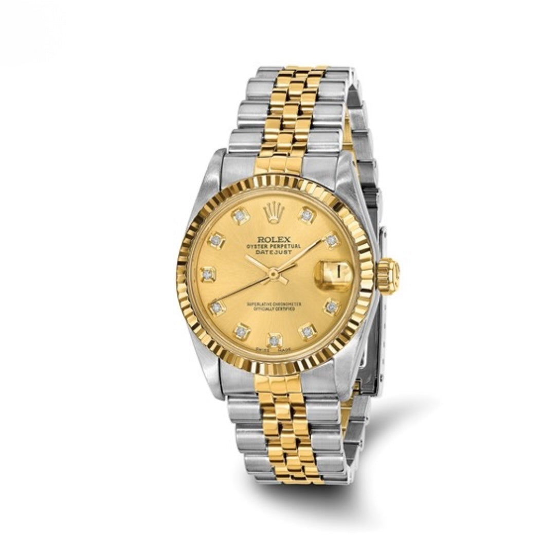 CERTIFIED PRE-OWNED ROLEX - JUBILEE DATEJUST CHAMPAGNE DIAMOND DIAL & FLUTED BEZEL WATCH