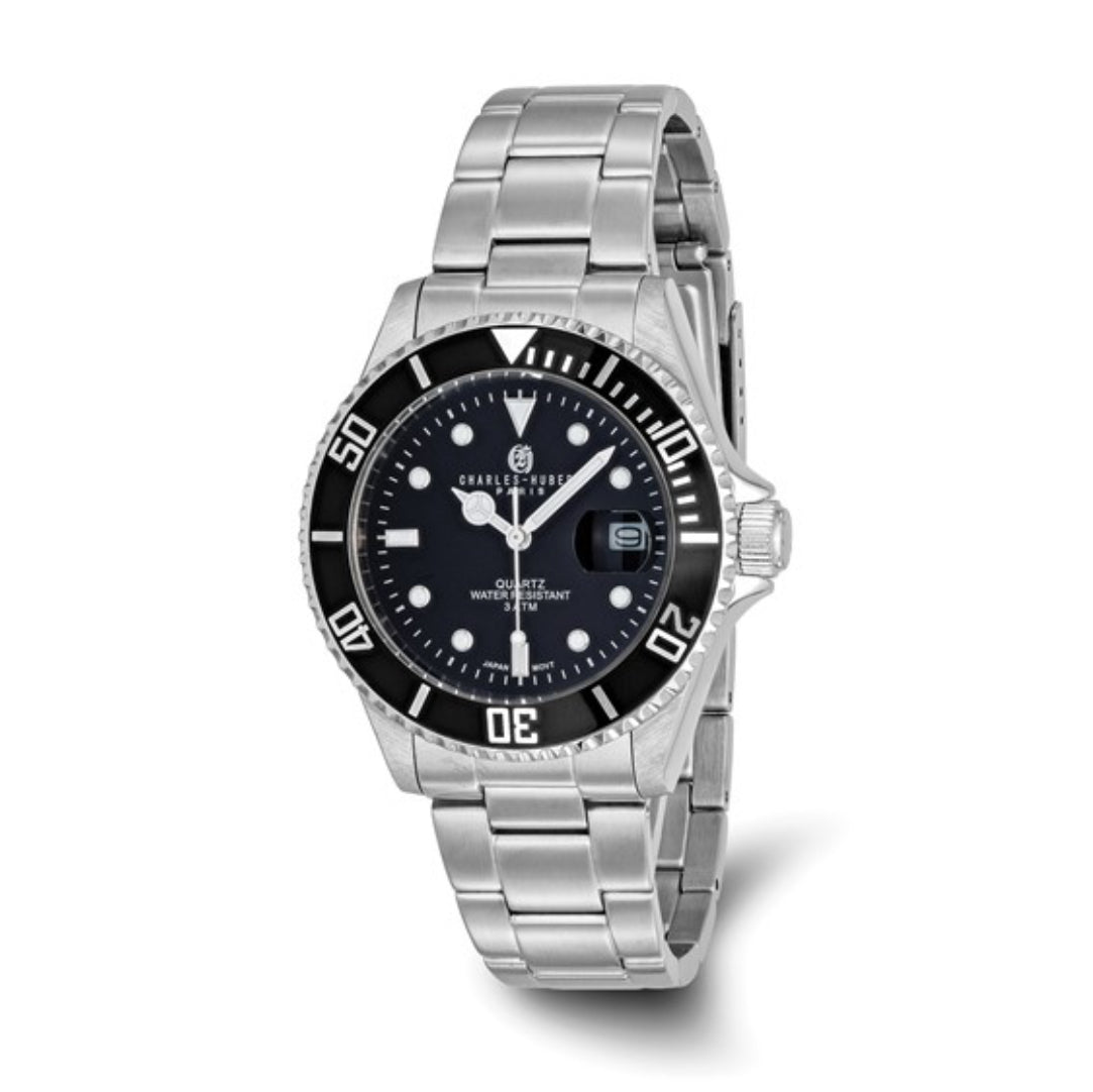 CHARLES HUBERT - STAINLESS STEEL BLACK DIAL WITH DATE WATCH