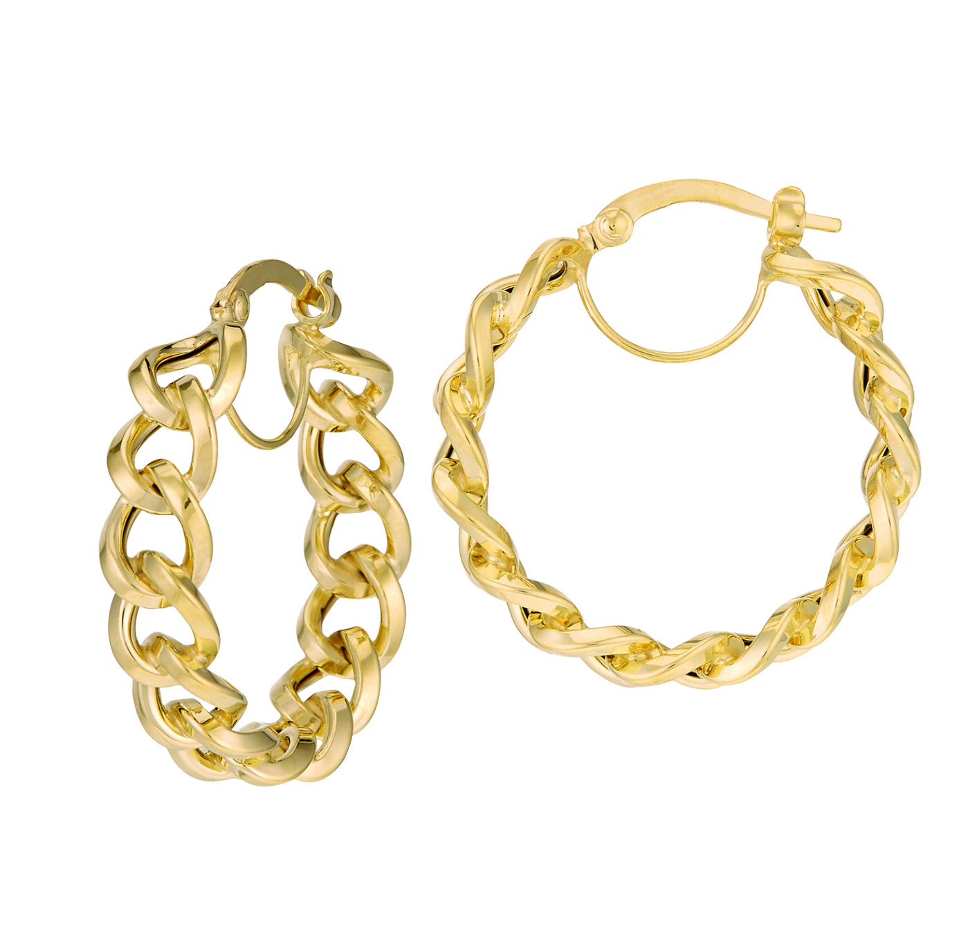14K GOLD - GOLD TWISTED LINK HOOP EARRINGS.