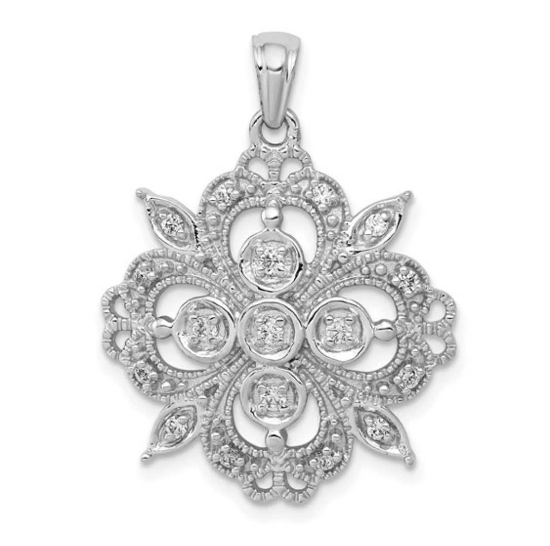 14K WHITE GOLD - LAB DIAMOND FILIGREE PENDANT