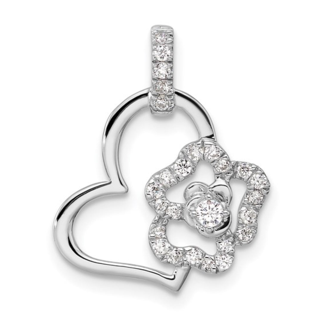 14K WHITE GOLD - LAB DIAMOND DIAMOND FLOWER & HEART PENDANT