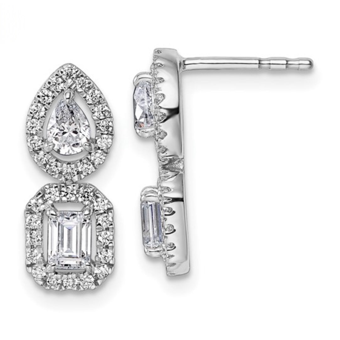14K WHITE GOLD - LAB DIAMOND 2 STONE DANGGLE HALO POST EARRINGS