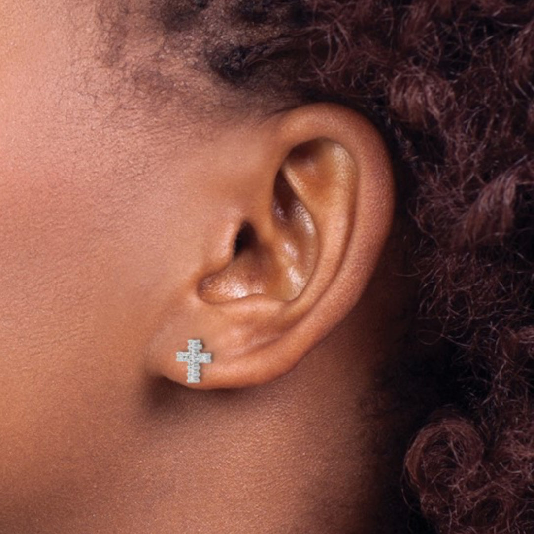 14K WHITE GOLD - LAB DIAMOND CROSS POST EARRINGS