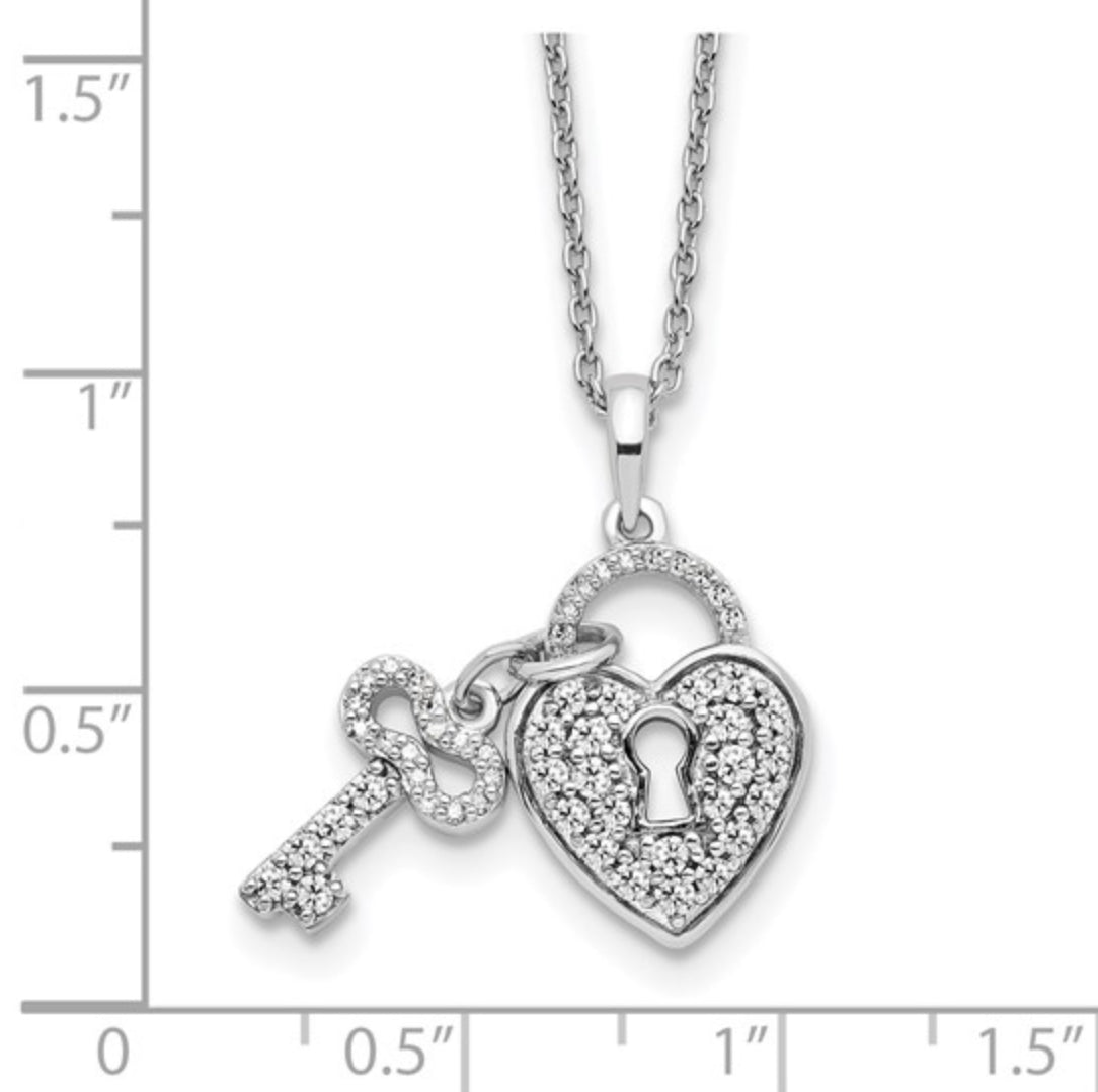 14K WHITE GOLD - LAB DIAMOND HEART LOCK & KEY NECKLACE
